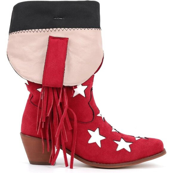Women's Red Cowgirl Faux Suede Stars Block Heels Under the Knee High Boot - Picture 6 of 7